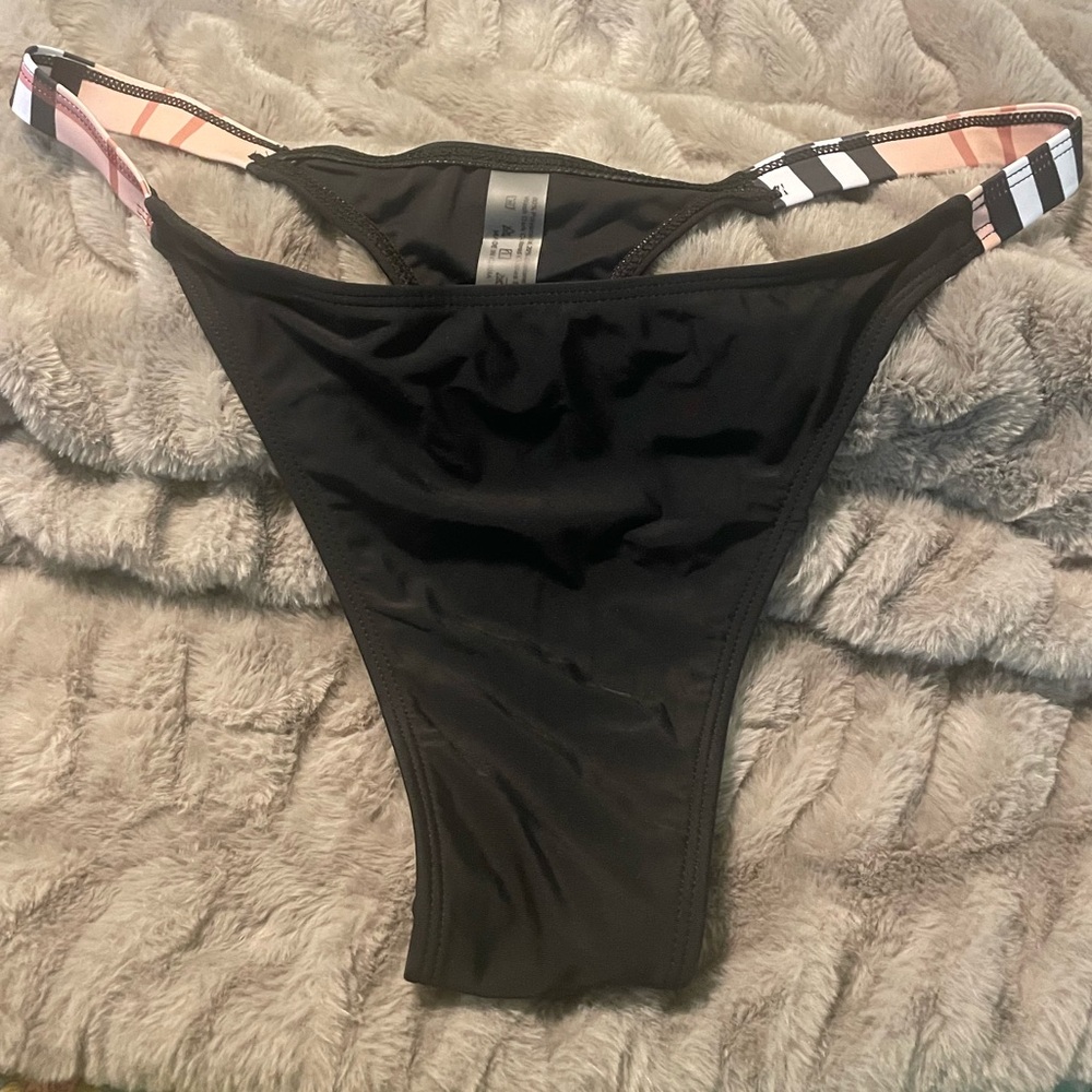 NWOT XL London Plaid Trim Bikini Bottom Black Pink Tan Check Thong High Rise - Picture 4 of 4
